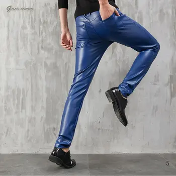 Мужские кожаные брюки, обтягивающие, стрейчевые Модные брюки из искусственной кожи, брюки для вечеринок и танцев, Мотоциклетные Уличные